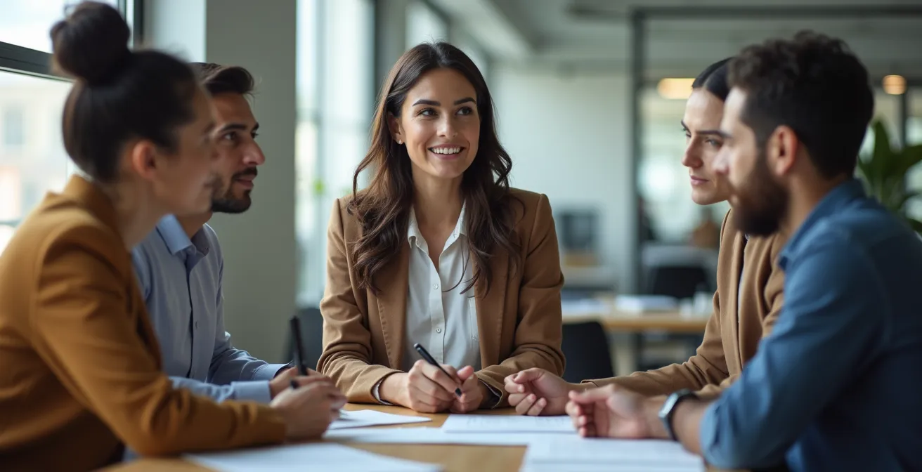 Abstract visualization of overlapping insurance coverage protection in office environment