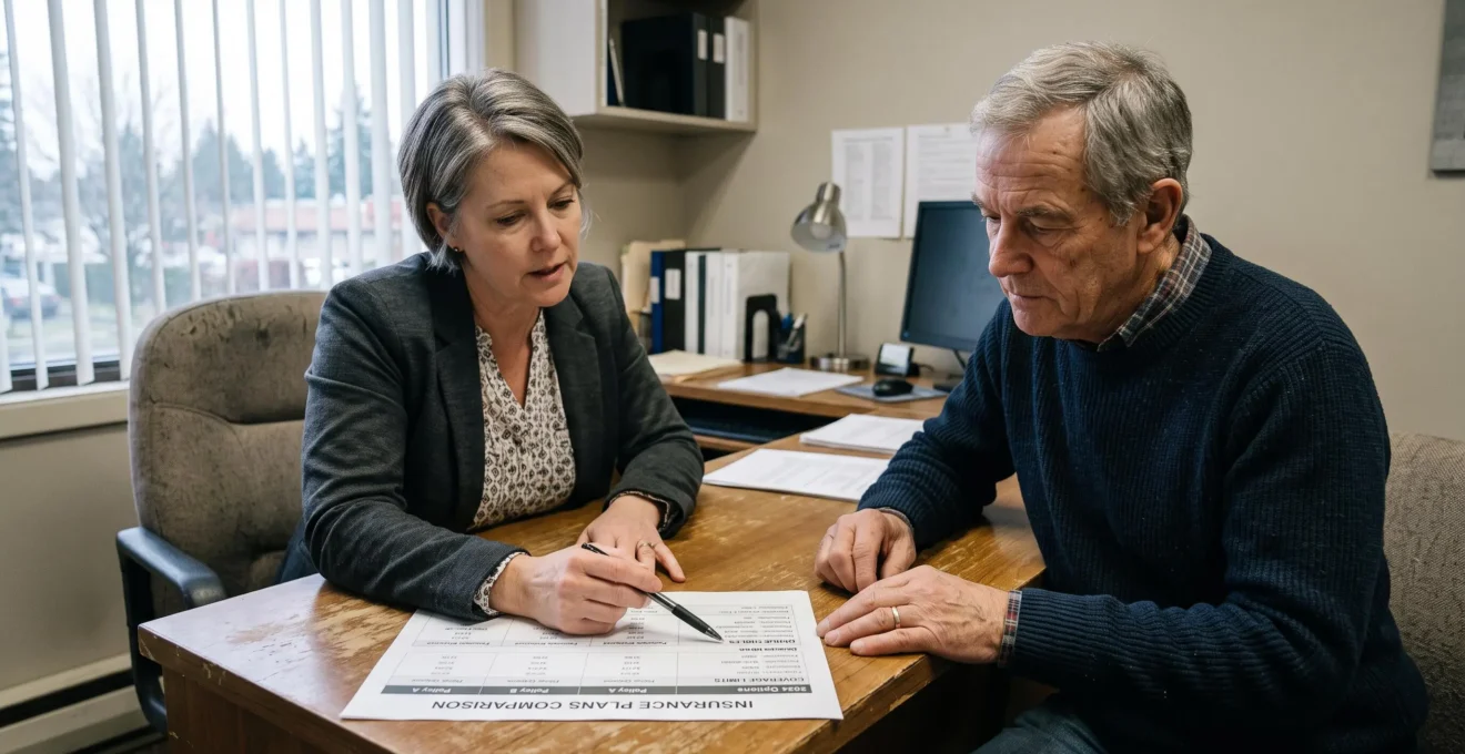 An insurance advisor compares term options with a client across a desk.