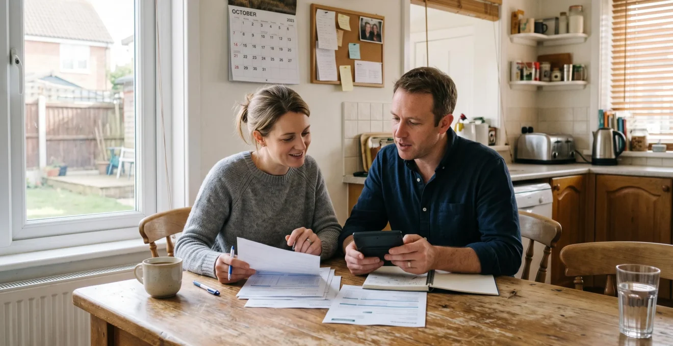 A couple reviews life insurance documents together at their kitchen table.