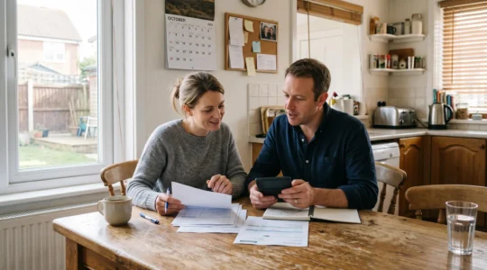 A couple reviews life insurance documents together at their kitchen table.