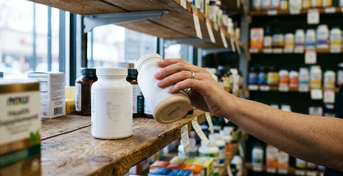 A customer's hand compares two supplement bottles on a store shelf.