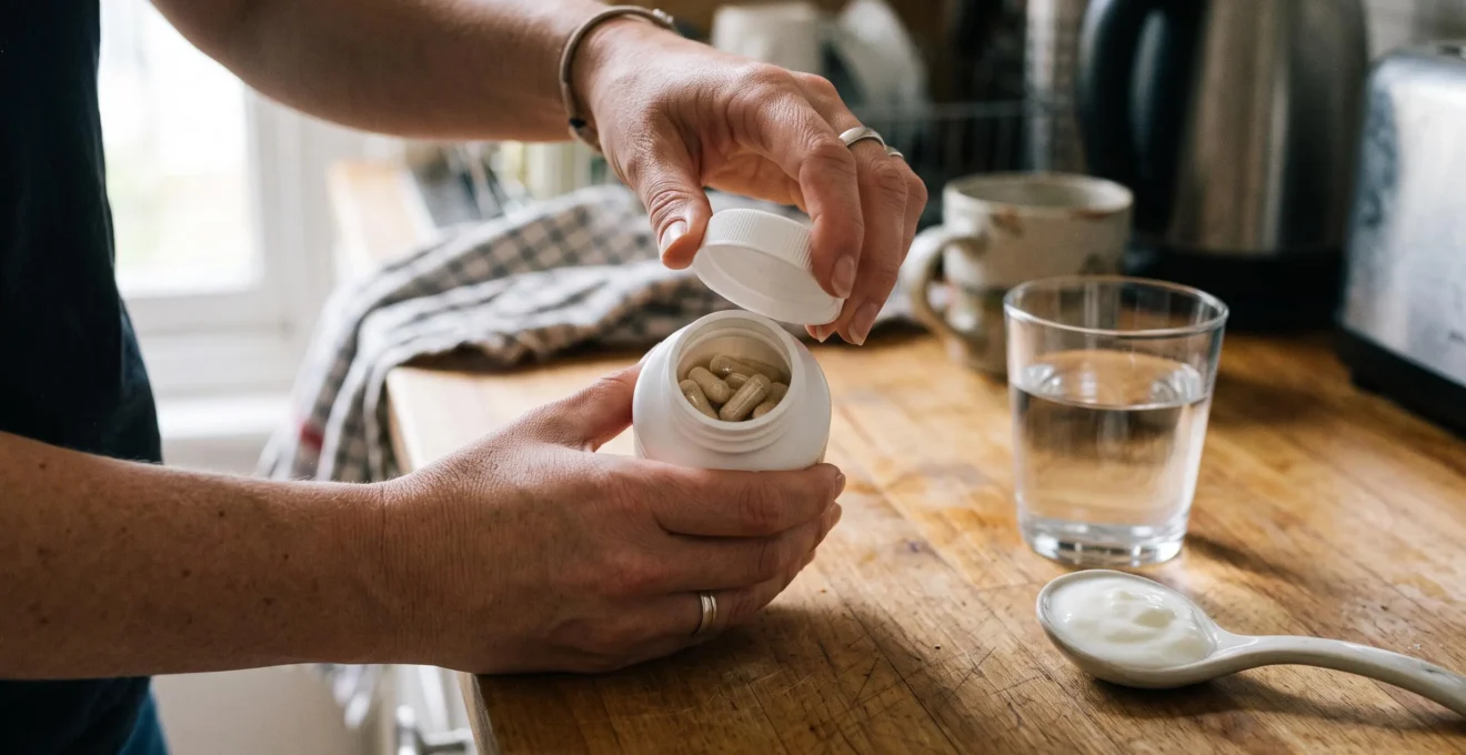 Hands open a probiotic capsule bottle beside a glass of water and yogurt.