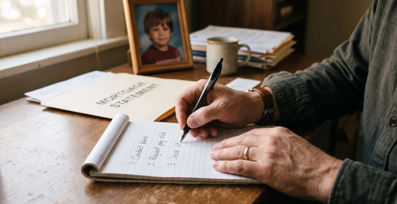 Close-up of a man's hands listing financial deadlines on a notepad.