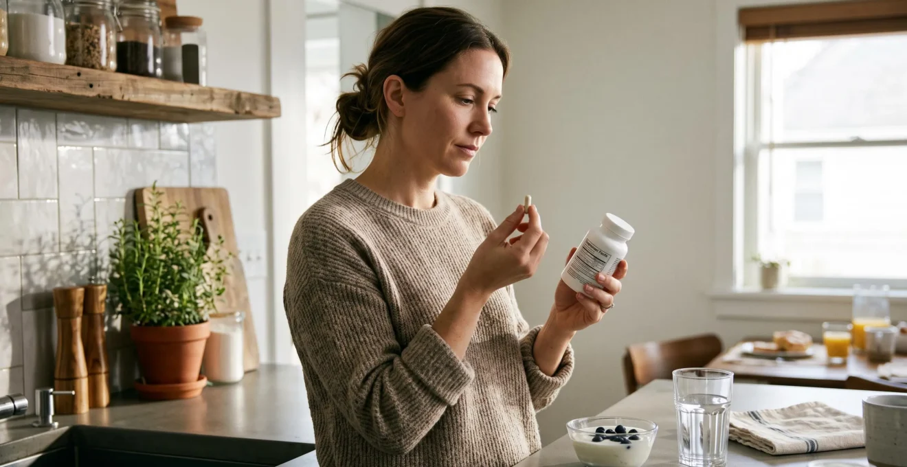 A woman holds a probiotic supplement bottle thoughtfully in a bright kitchen.