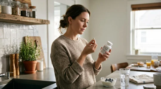A woman holds a probiotic supplement bottle thoughtfully in a bright kitchen.
